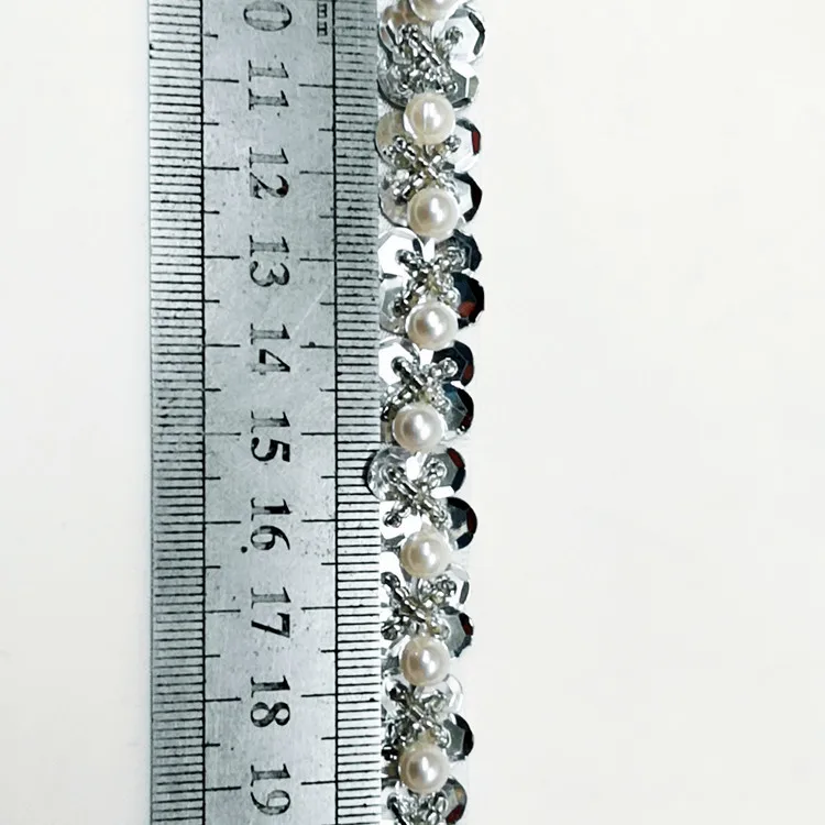 1yard flowers on white cloth sequins beaded fringe trim for clothes bags Handmade beading appliques patch diy sewing accessories