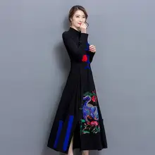 Китайский женщин Hanfu ручная вышивка летние женские черные длинные рукава Весна народном стиле хлопковое длинное платье