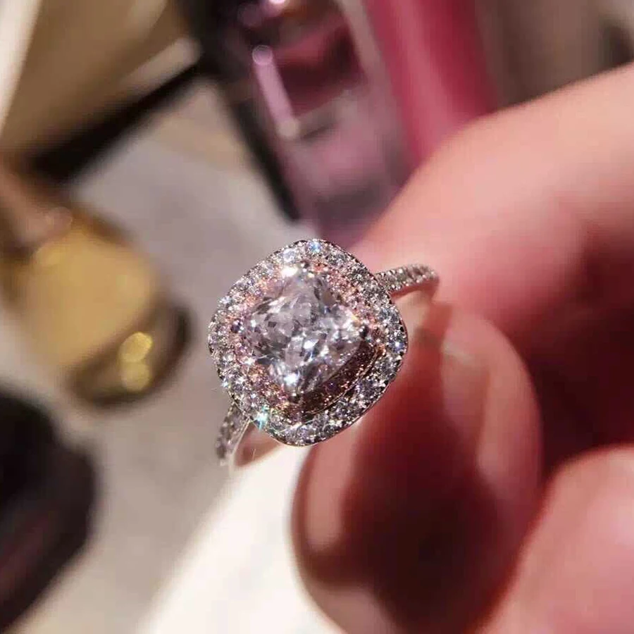 

Exaggerated Wedding Rings For Women Squared Princess Cut Micro Paved Cubic Zirconia Pink Color Stone Ring Girls Lovers Gift