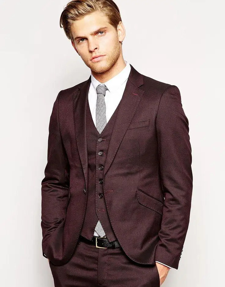 New Arrival One Button Burgundy Groom Tuxedos Groomsmen Mens Wedding