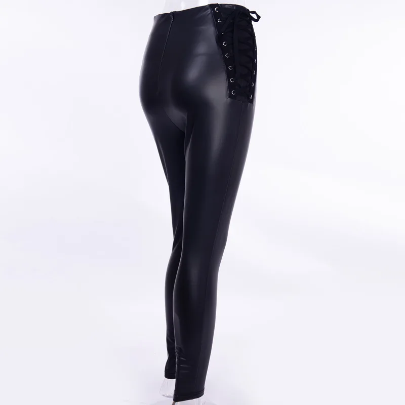 BKLD черные леггинсы на шнуровке из искусственной кожи женские облегающие обтягивающие брюки Модные осенние офисные женские узкие брюки с высокой талией
