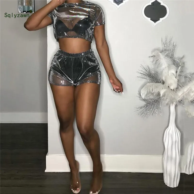 

Sexy Women Transparent Mesh Two Piece Shorts Set Summer Short Sleeve Rompers Streetwear Glitter Sliver Blue Outfit 2XL Plus Size