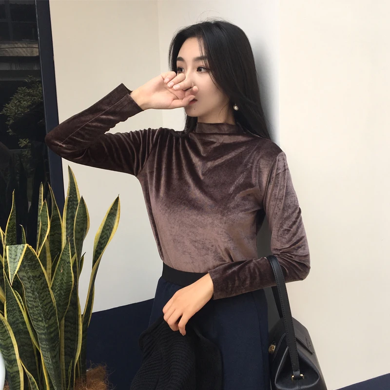 Винтажная Футболка Kpop в стиле Харадзюку с высоким воротом Вельветовая футболка