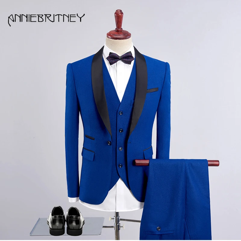 2018 Navy Blue Formal Wedding Suits for Men Satin Shawl Lapel Slim Fit Groom Tuxedo Retros Blazer 3 Pieces Ternos Masculino