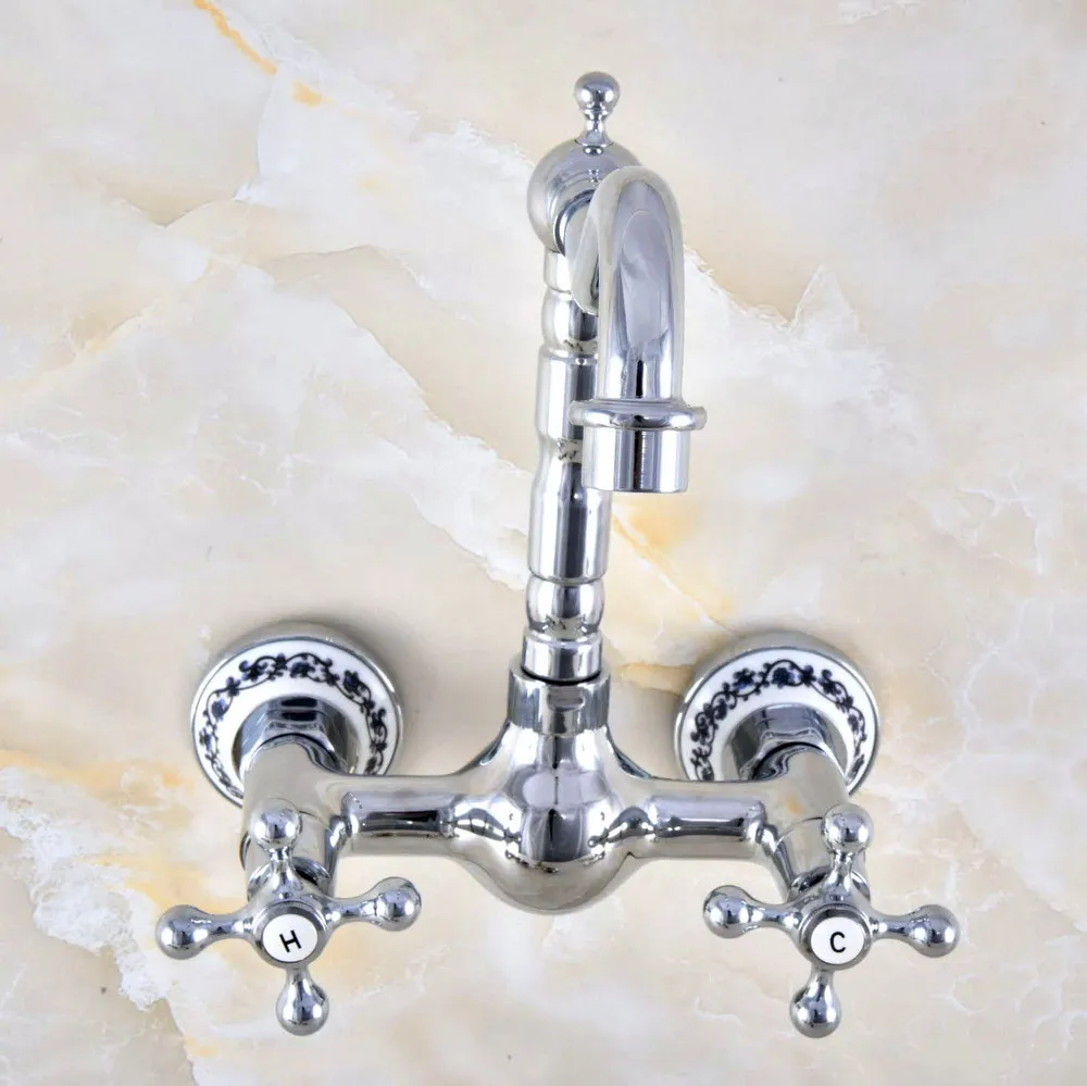 Polished Chrome Brass Ceramic Flower Base Wall Mounted Kitchen Sink Faucet Swivel Spout Mixer Tap Dual Cross Handles anf581
