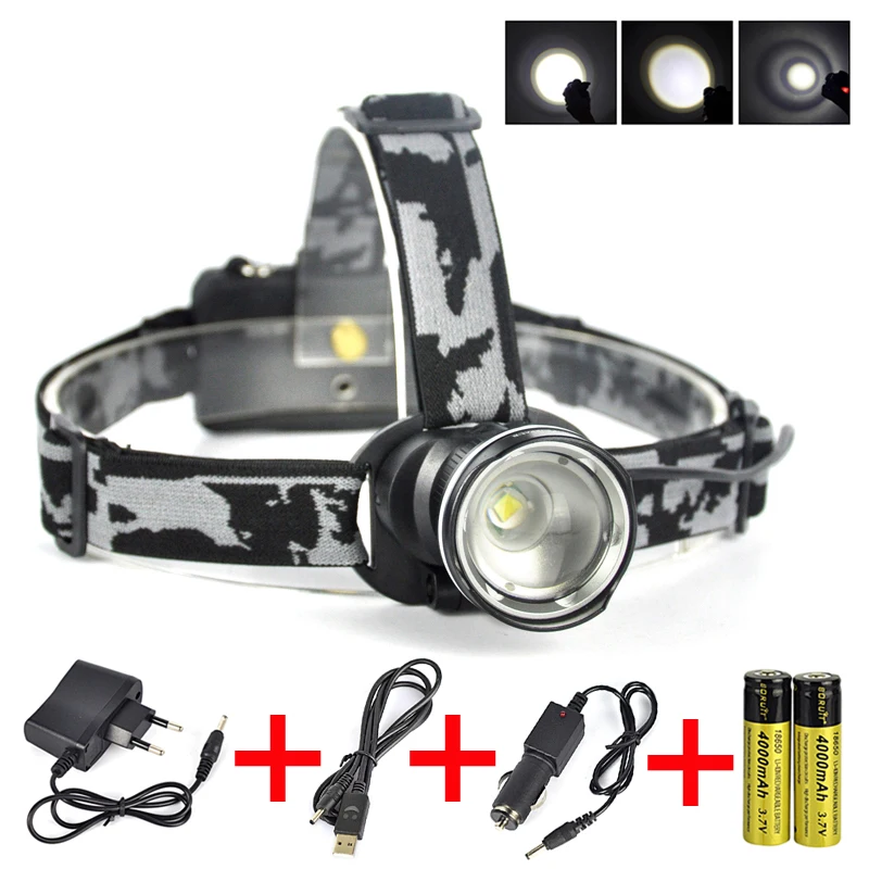 3 Modes Zoomable XM L T6 LED Headlamp Head Light 2000Lm Camping Flashlight Torch Lamp Ac