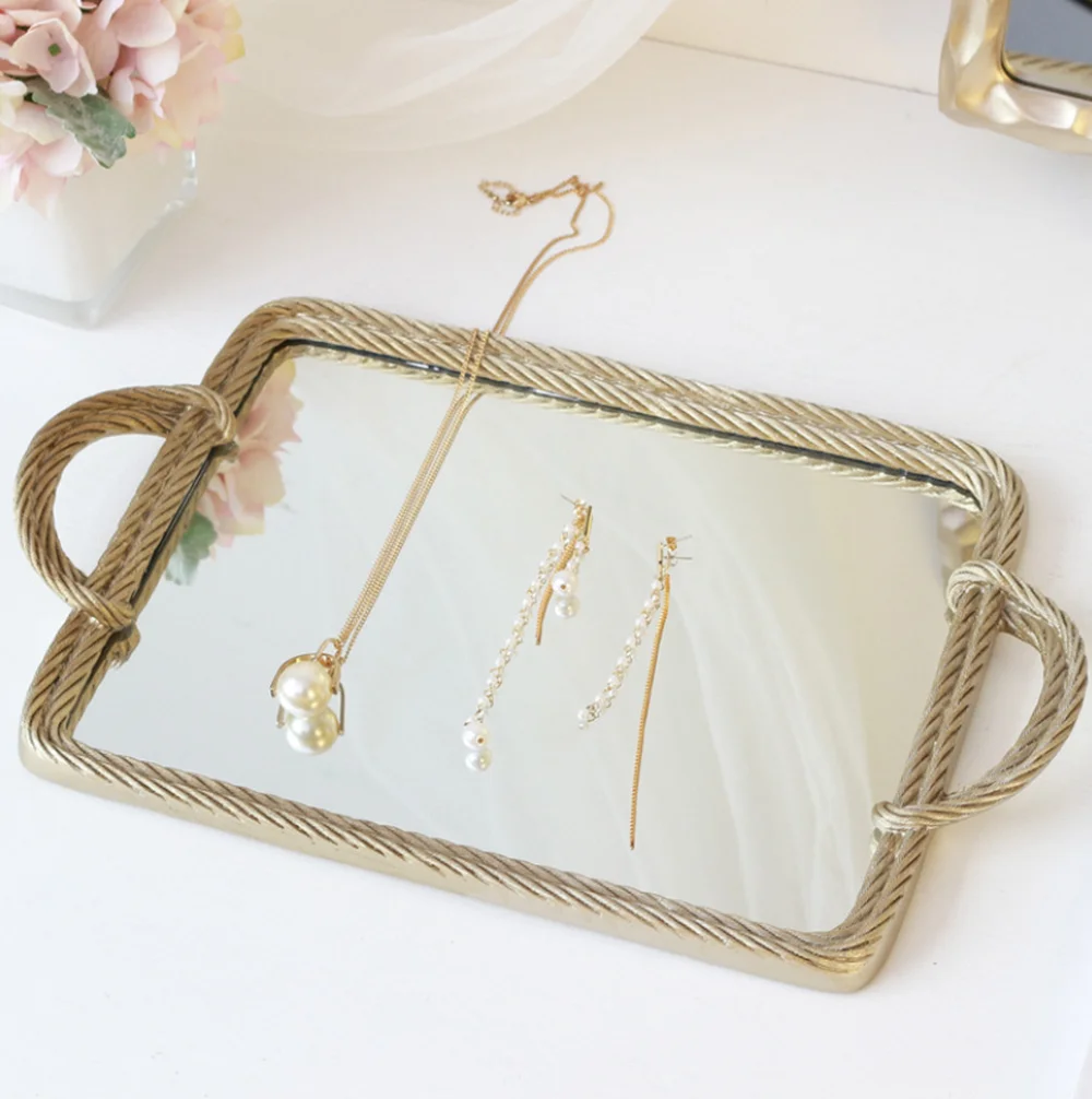 Creative Resin Mirror Tray Cosmetic Storage Tray Retro Rectangular Storage Mirror Shooting Props Serving Tray For Home