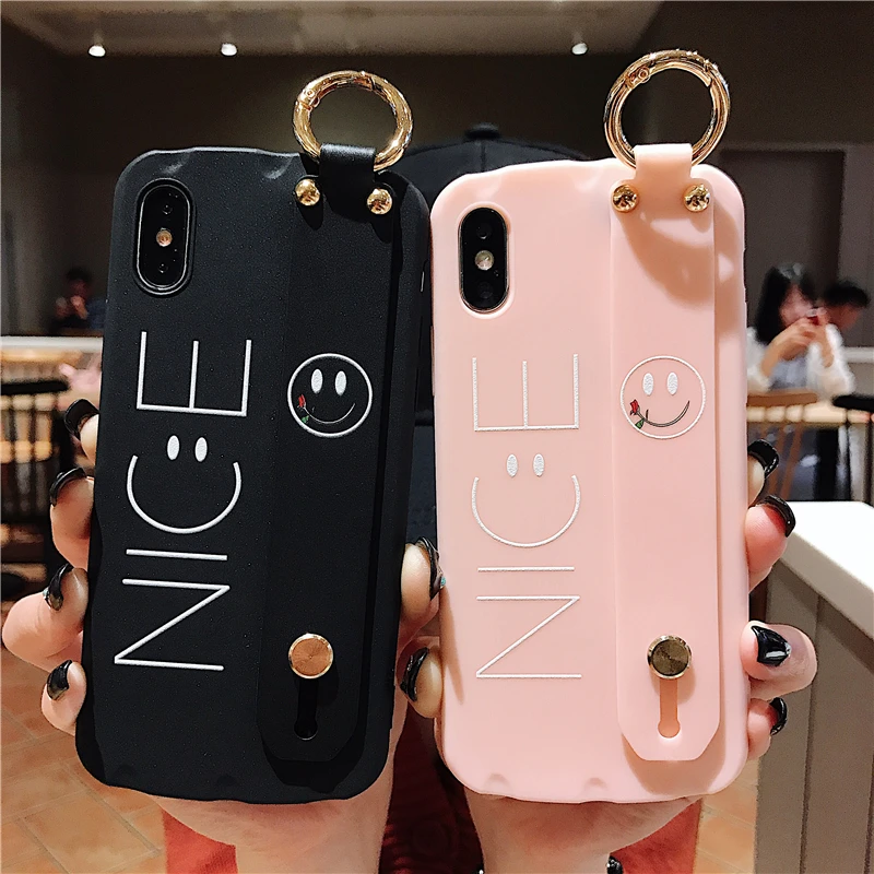 

Fashion Letters Metal Ring Wrist Strap Phone Cases For iPhone 8 7 6 6s Plus X XS Max Soft TPU Loveley Smiley Pattern Cover Case