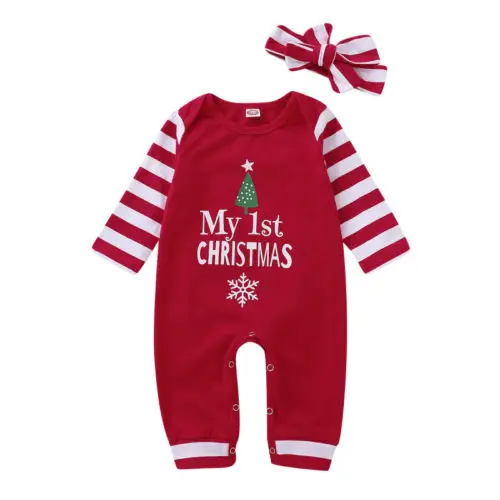 

Christmas Newborn Baby Girls Striped Romper Pants Headband 2PCS Outfits Clothes 0-2T