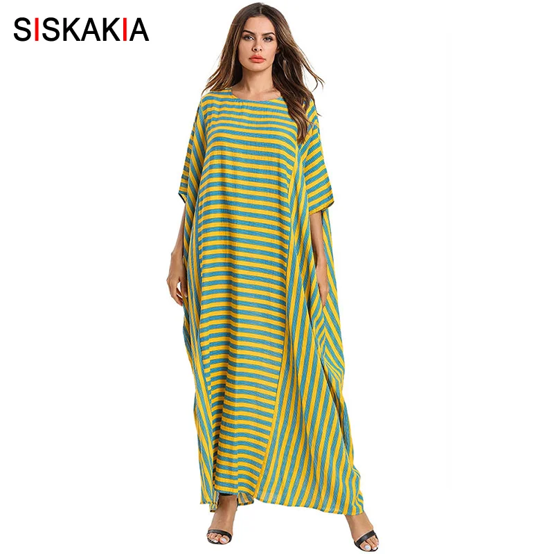 

Siskakia Oversize Bat Shape Dressing Gowns for Women Colored Stripes Patchwork Maxi Long Dress Plus Size Muslim Casual Dresses