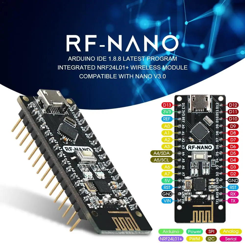 NRF24L01+ 2,4G беспроводной модуль+ Arwino NANO V3.0 = RF-Nano интегрированная плата с интерфейсом USB Arwino NANO V3.0 NRF24L01+ 2,4G# CW