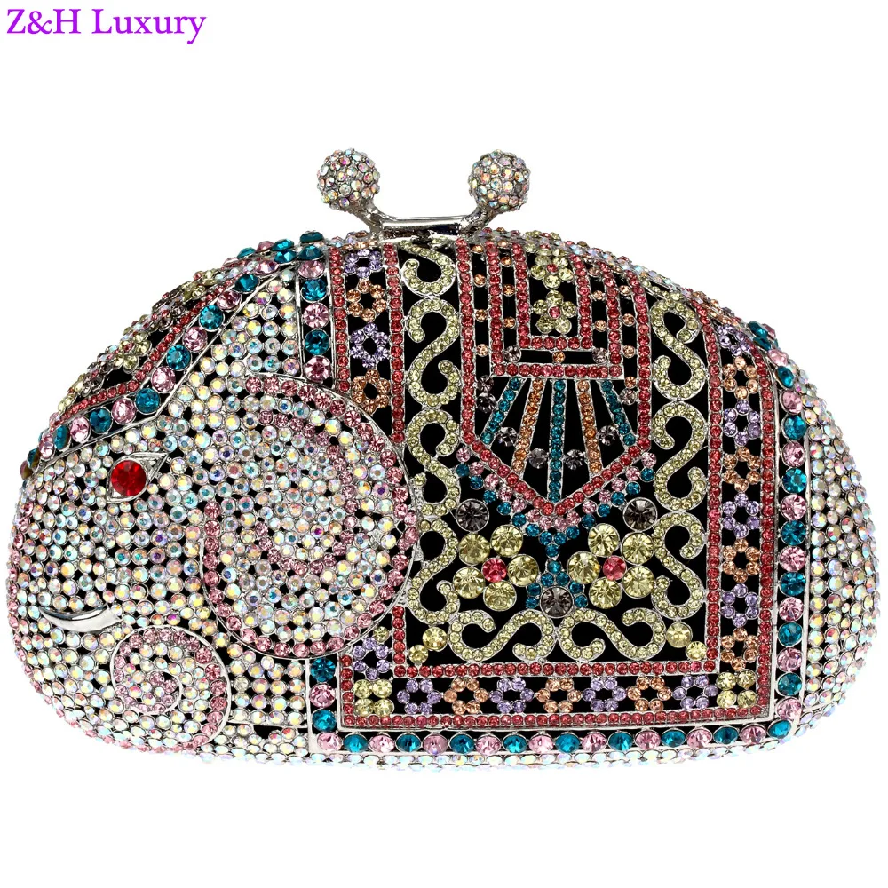 

Hot! Luxury New Elephant shape Full Crystals Plated Zinc Alloy Metal Women Evening Clutches Top Quality Rhinestones Bridal Bag