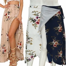 Горячая Бохо Сплит цветочный принт Женская юбка Сексуальная Пляжная Асимметричная длинная юбка летняя Женская Полосатая вечерние юбки Асимметричная разрезная юбка
