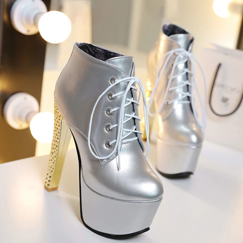 

Ankle Boots Women Shoes Platform 15cm Crystal High Heels Black Red Fenty Beauty Martin Winter Boots Lace Up Sexy Ladies Shoes