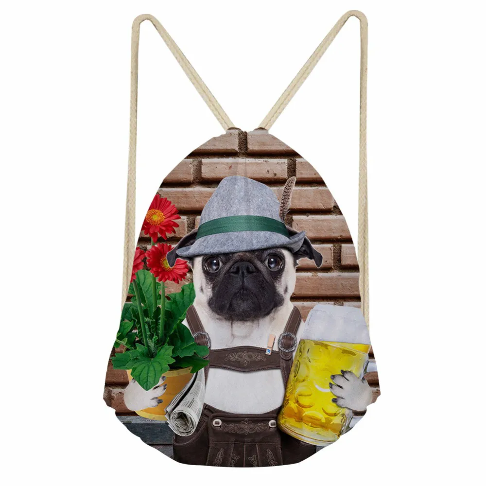 

ThiKin Polyester Unisex Drawstring Bags 3D Animal Pug Dog Printing Backpack For Teenagers Fashion Design Travel Package