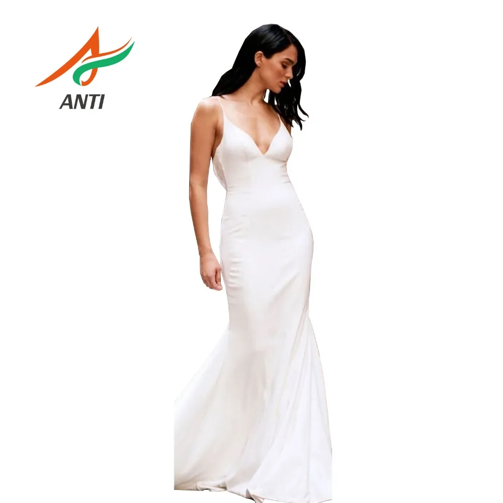 

ANTI 2019 New Arrivals Pearls Evening Dress Sexy V-Neck Robe De Soiree Mermaid Backless Satin Sweep Train Vestido Longo Custom