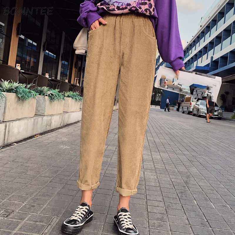 

Pants Women Trendy Loose High Quality Casual Ankle-Length Womens Pockets Elastic Leisure Female Harem Slim Corduroy Thin Elegant