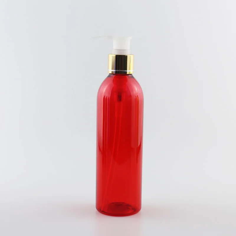 250 мл 25 шт. прозрачный пустая бутыль для косметики с золотой Алюминий колпачок для лосьона, шампуня контейнер с распылителем, косметическая упаковка - Цвет: Red Bottle Clear