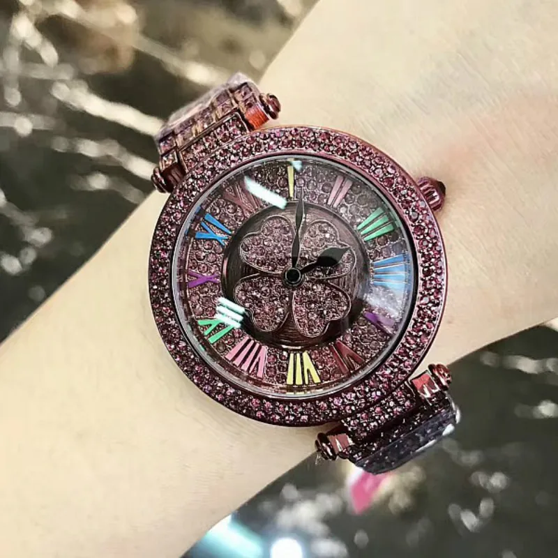 Kopen Nieuwste Luxe Paars diamant fortunes duurzaam hoogwaardig Draai Dial Vrouwen Meisje rvs strap embedded diamond horloge