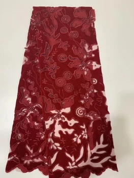 

Red high quality Nigerian net lace, beaded fabric velvet lace dress for women in costume CD2981