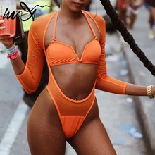 In-X сетчатый сдельный купальник, женский боди с длинным рукавом, сексуальное прозрачное бикини, купальник с высокой посадкой, Женский оранжевый Монокини XL