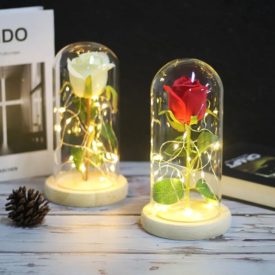 

Beauty And The Red Beast Artificial Pink Flower With Light Led Creative Presents For Valentine's Day Christmas Gift Home Decor