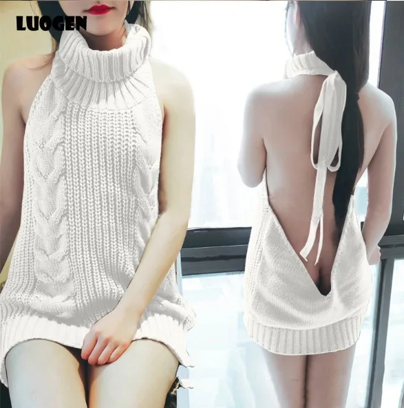 2018 Fall Turtleneck Sweater Sexy Backless Women Sweaters and Pullovers Japanese Cosplay Virgin Killer Knitted Sweater Knitwear