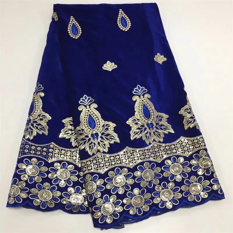 

Hot sale royal blue velveteen lace material african soft velvet lace fabric with silver sequins for clothes YYZ2683 5yards/pc