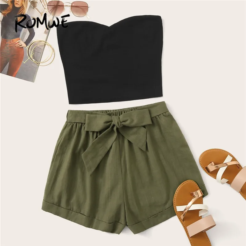 

ROMWE Solid Tube Top and Belted Shorts Matching Sets Summer Clothes For Women Solid Sleeveless Bandeau Sexy Two Piece Shorts Set