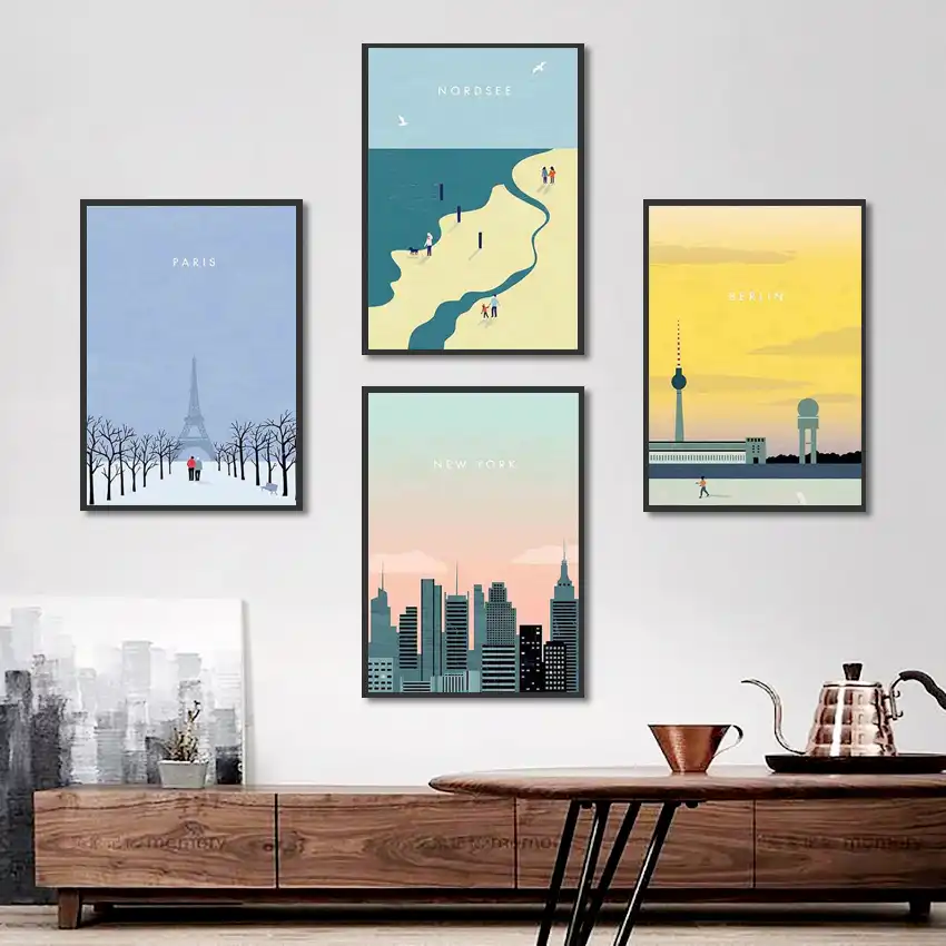 Cartoon Travel Posters And Prints Paris New York Landscape Canvas Painting Modern Home Decoration Bedroom Wall Art Pictures