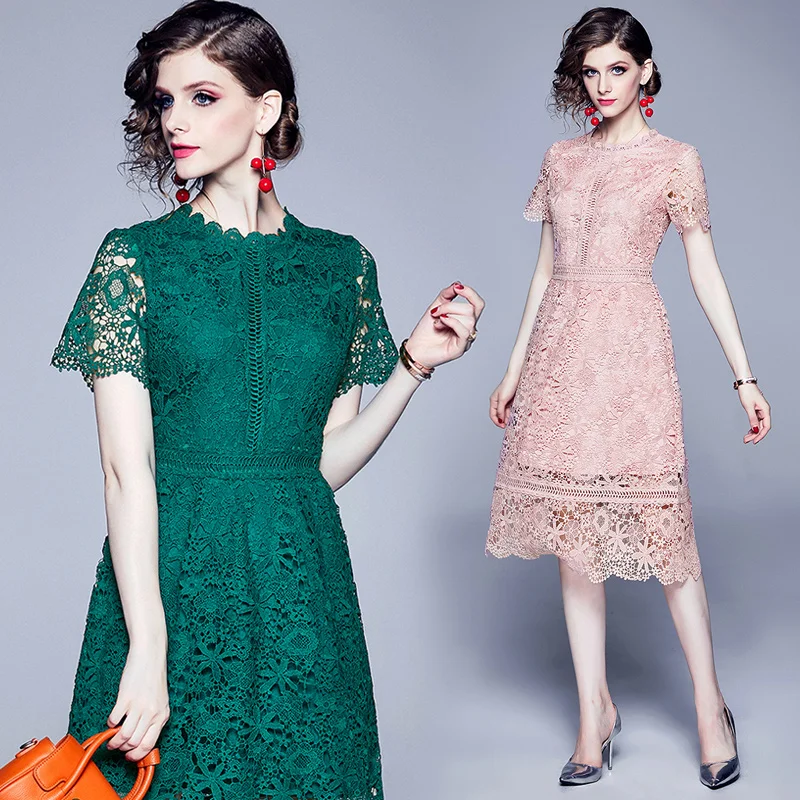 YiLin Kay Green/Pink lace stitching Hollow out summer dress fashion Runway Elegant lace Hollow-out crocheted long dress