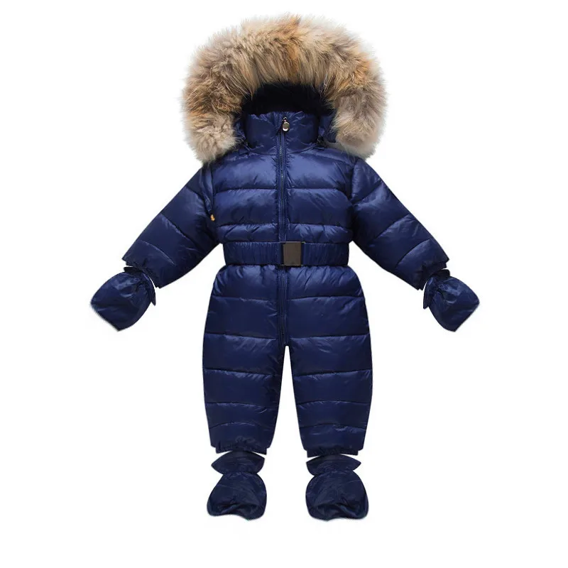 

Winter Children Snow Coveralls Baby Snowsuit Real Fur Collar Infant Toddler Snowsuits Boys Girls Duck Down Jumper Gloves Socks