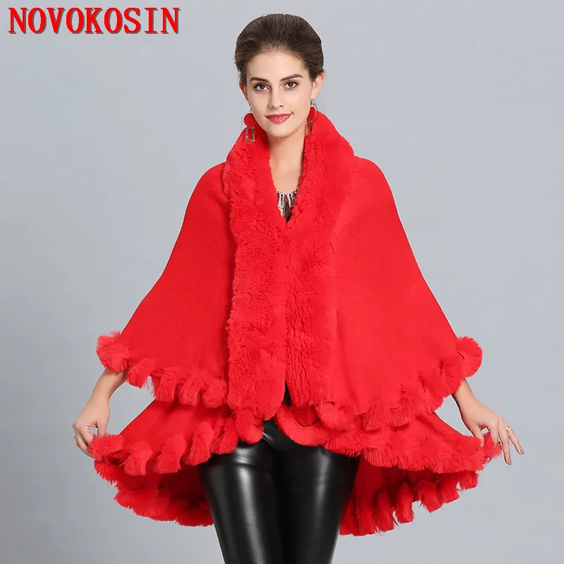 

SC275 2018 Winter Warm Faux Fox Fur Long 2 Layer Poncho Cape Cloak Oversize Knitted Sweater Women European Loose Cardigan Coat
