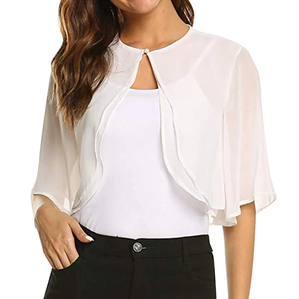 

Camisas Mujer 2019 Fashion Womens Chiffon Short Sleeve Solid Tshirt Open Front Shrug Cardigan Tops T-shirt Women's White On Sale