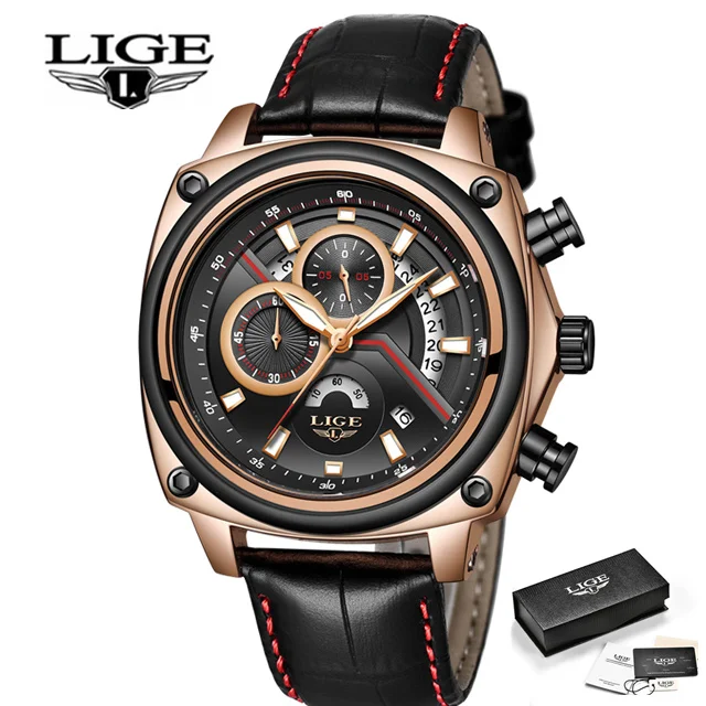 

LIGE Pilot Military Sport Men Quartz Watch Fashion Mens Watches Gold Luxury Brand Leather Strap Male Clock Relogio Masculino