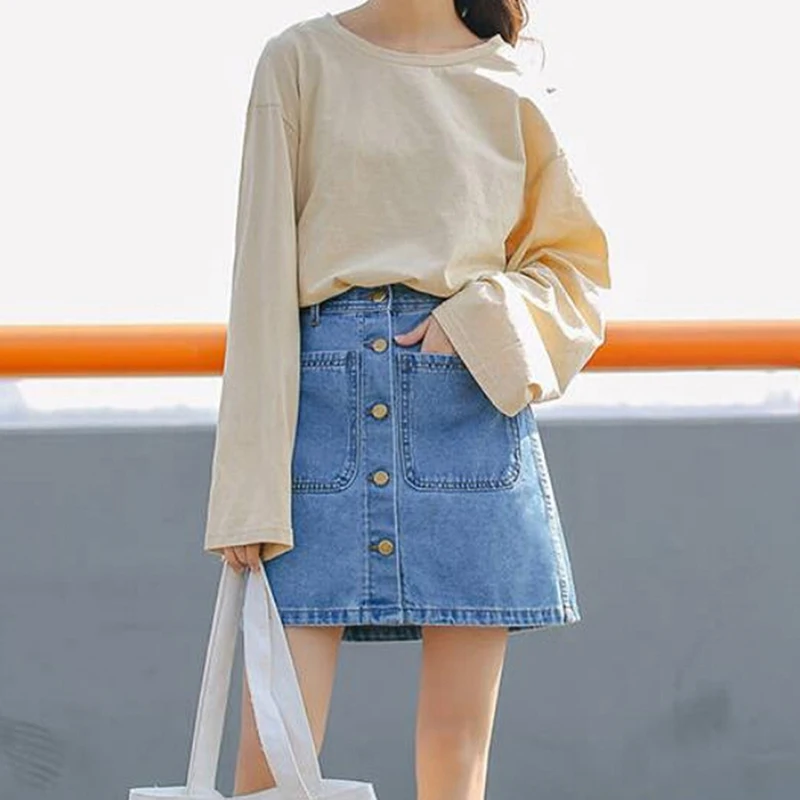 Summer Women New Arrivals Single Button Pockets Light Blue Denim Skirt High Waist A-line Mini Slim Female Short Skirts