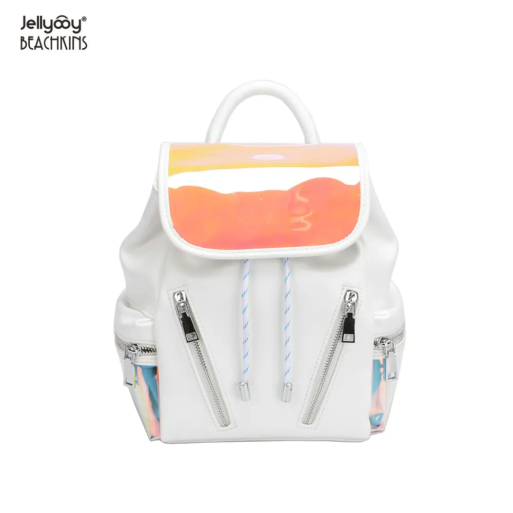 

Jellyooy Beachkins Fashion Draw String Bucket Bag Zippers Decoration School Bags Laser Candy Color Multifunctional Backpack