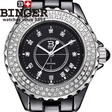 CZ Diamond Black ceramic Binger watches female personality round watch fashion casual quartz waterproof promotion wristwatch