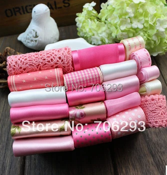 

High quality pink dot 20 YDS mixed 20style stain/grosgrain /cotton lace ribbon Diy hairbows combination ribbon set