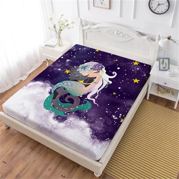 

Cartoon Mermaid Bed Sheet Flowers Wave Print Fitted Sheet Girls Festival Gift Bedclothes King Queen Mattress Cover Home Textile