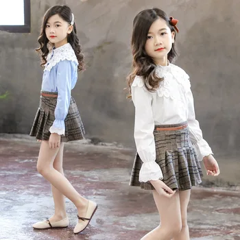 

fall girl outfits children clothing sets 2019 5 years white long sleeve blouse +skirt 2 pieces