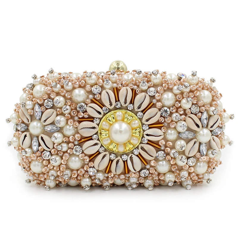 

High quality luxury diamond beaded evening bag party shells nude color clutch handbag purse shoulder bag ladies messenger bag