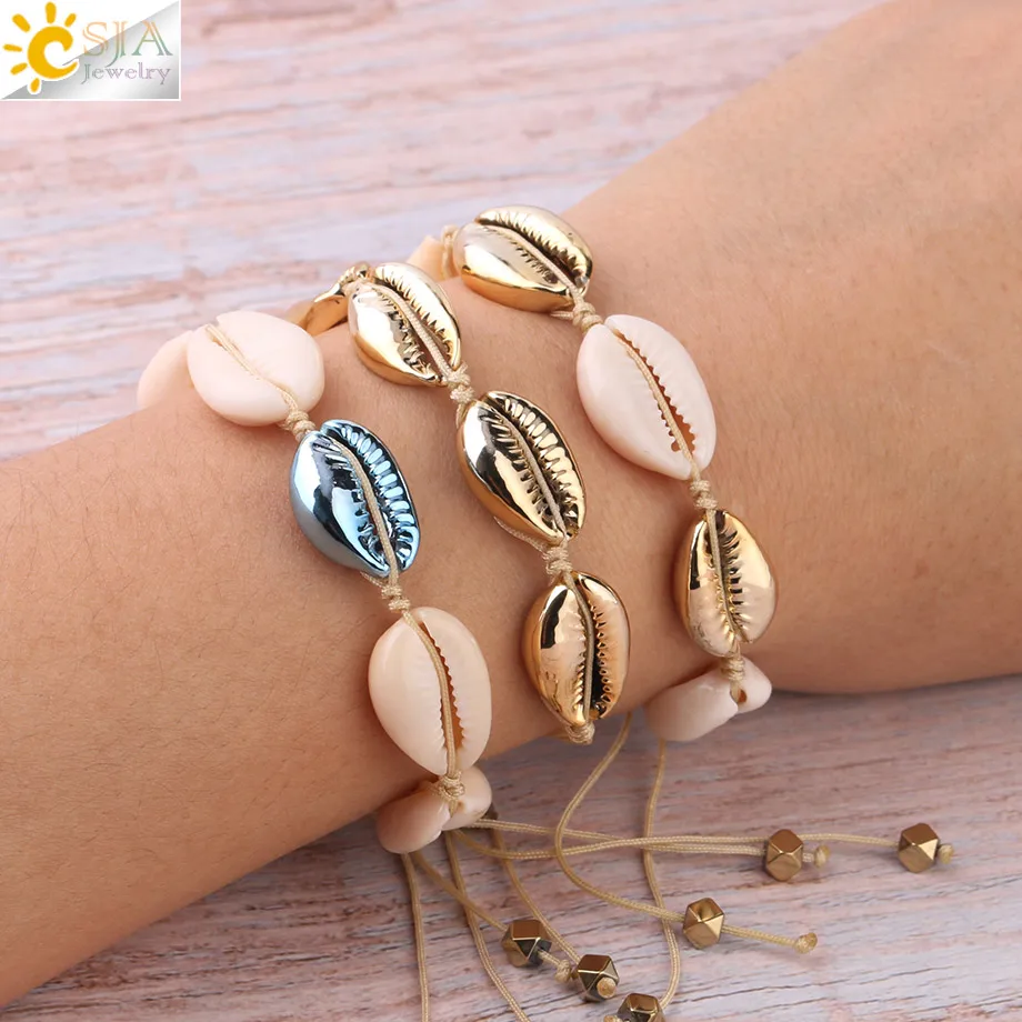 

CSJA Natural Sea Shells Bracelets Seashell Bracelet White Gold Color Women Cowry Cowrie Knit Beach Summer Handmade Jewelry S339