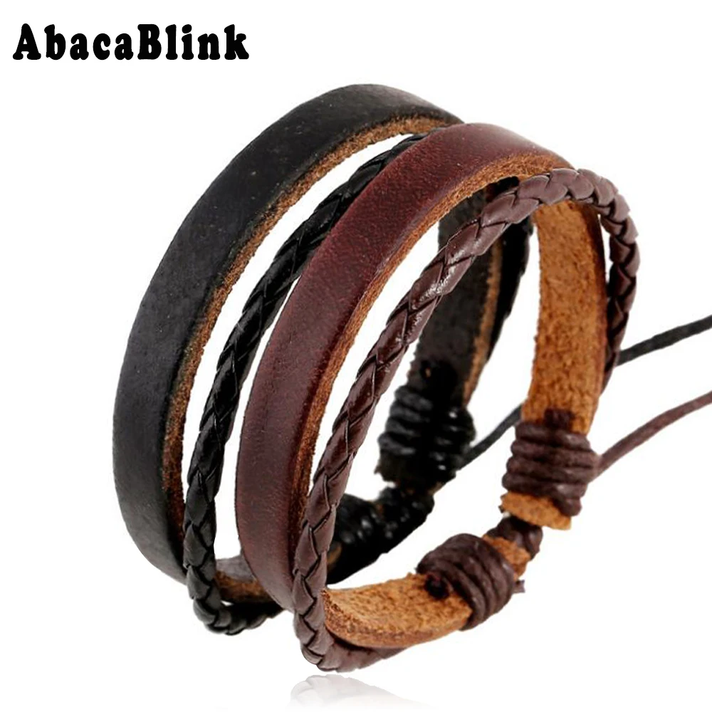 Multilayer Simple Male Bracelet Vintage Genuine Cow Leather Hand Cuff Bracelet Bangle Punk Leather Braided Men Jewelry 2PCS/ SET