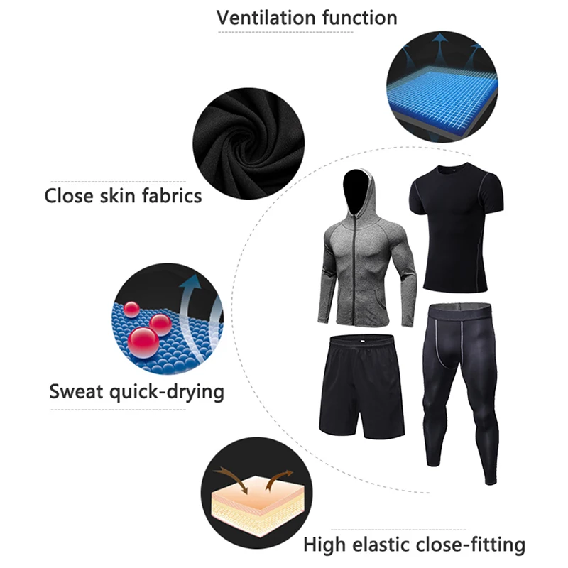 Yuerlian, новинка, 4 комплекта мужской осенней спортивной одежды для бега, быстросохнущая футболка+ куртка с капюшоном на молнии+ свободные шорты+ узкие брюки