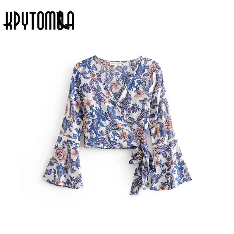 Ceny Boho Vintage Floral Print Crop Tops Kobiety Bluzki 2018 New Moda V Neck Flare R臋kaw Koronki Up Panie Koszule Casual femme Blusas