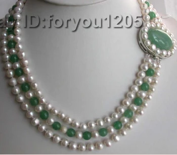 

Hot sale Free Shipping>>>>> 3rows Natural White Pearl Green stone Necklace