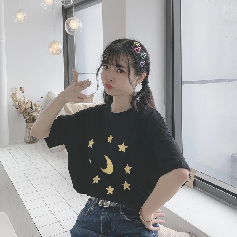 

Women's Tshirts Lovely Kawaii Ulzzang Casual Loose Embroidered Moon T-shirt Female Sweet Summer Punk Tunic For Women Harajuku