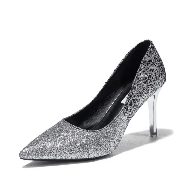 

Korean fashion sexy shallow mouth pointed solid color wild sequins dinner party bridesmaid women's shoes high heels