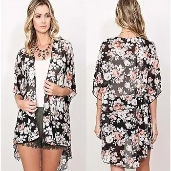 

Women Fashion Floral Chiffon Asymmetrical Half Flare Sleeve Open Stitch Beach Causal Top Blouse Coat Jacket